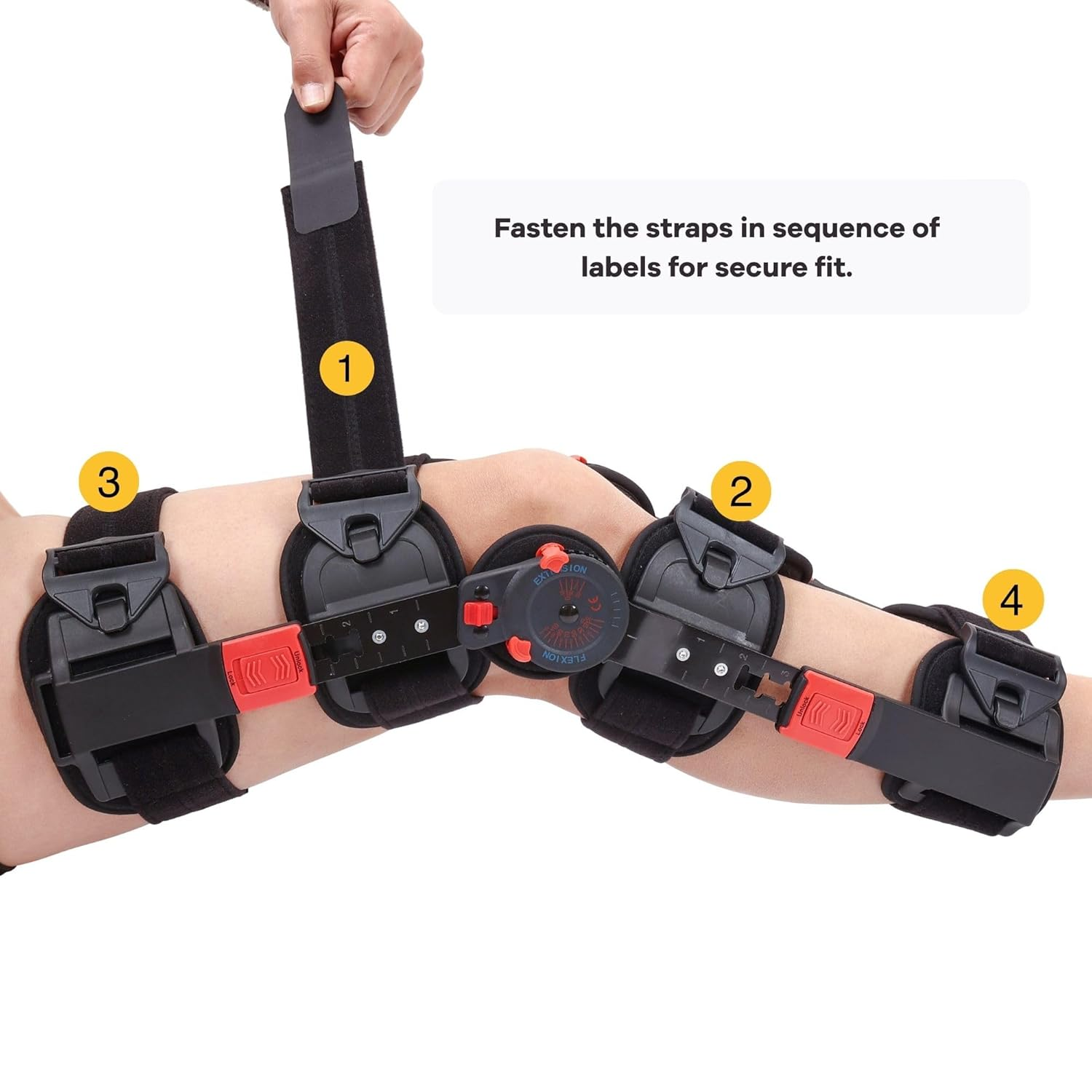 GHORTHOUD Hinged ROM Knee Brace with Shoulder Strap Post Op Knee Immobilizer Adjustable Knee Support with Side Stabilizers Medical Knee Orthopedic Support for Men and Women, Left or Right Leg (Red) image number 5