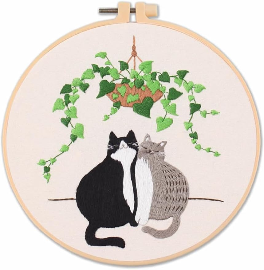 Meecaa Black White Cat Greenery Pet Embroidery Kit Starter Set, Hand Embroidery Set,Pattern Printed Cross Stitch Set for Beginner Adults, with Embroidery Hoop and Instructions (Black White Cat)