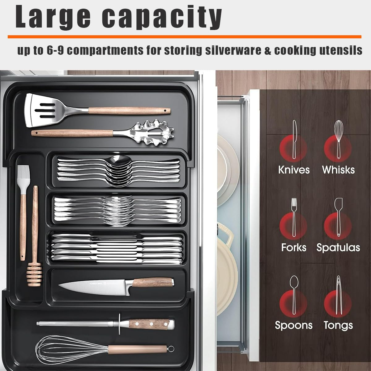 Cutlery Drawer Organiser with 4-Sided Expandable, Cutlery Organiser 6 Compartment, Movable Knife Organizers for Kitchen and Cutlery Tray,Forks, Knives and Gadgets image number 4