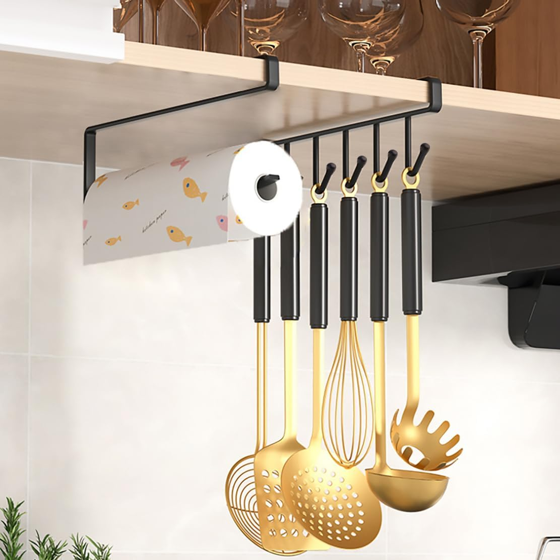 2 Pack under Shelf Organizers, Kitchen Roll Paper Towel Holder Mug Storage Hooks, Home Organization Accessories for Hanging Rolls, Towels, Coffee Cups, Cooking Utensils, Metal (Black)