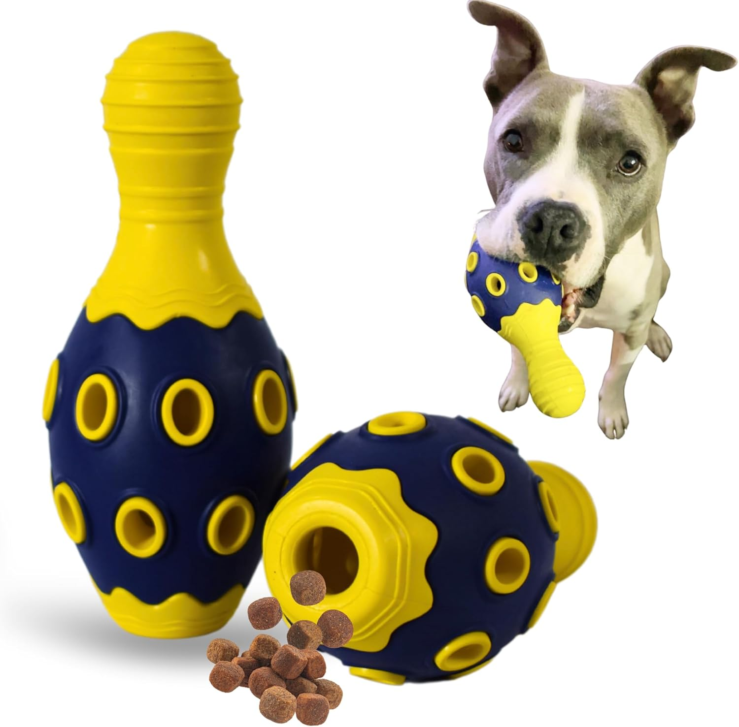 Tuggy Dog Chew Toy,Tough Durable, Bowling Pin Interactive Dog Toys, Food & Treat Puzzle Slow Feeder Dispenser, IQ Mental Stimulation & Enrichment, Small Meduium Large Breed (Yellow/Navy)
