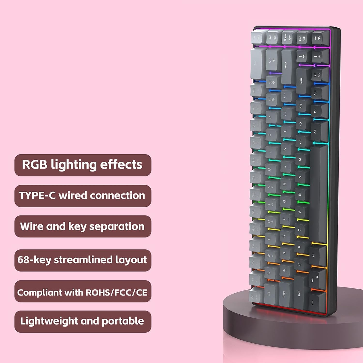 XUMIUZIY 60% Mechanical Keyboard, 68 Keys RGB Backlit Wired Gaming Keyboard, Hot Swappable, 25 Key anti Ghosting, Ergonomic Membrane Keyboards for Laptop PC (Gradient Black) - Gradient Black image number 3