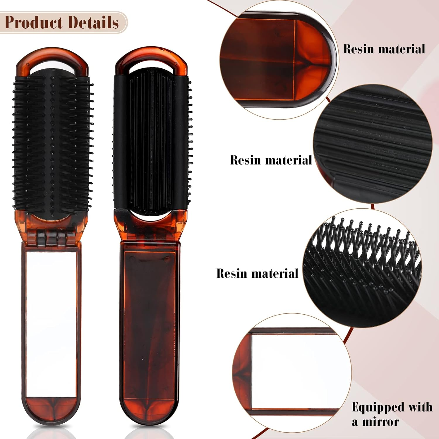 Nuenen 4 Pcs Folding Hair Brush with Mirror Portable Mini Hair Brush Small Compact Pocket Hair Comb for Family School Travel Car Gym Wig Bag Purse Gift Women Kids - Brown image number 5