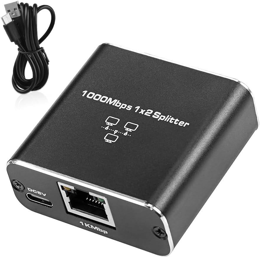LAN Splitter 1 to 2, Ethernet Gigabit Network Splitter, RJ45 1 to 2, 1000/100 Mbps, Ethernet Splitter, with USB Power Port for Computer, Hub, Switch, Router, ADSL, Set-Top Box, Digital TV Etc