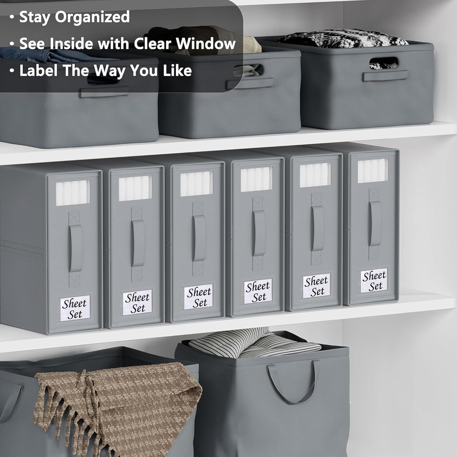 4 Pack Bed Sheet Organisers with Window - Foldable Bedding Linen Organiser for Sheets, Closets, Wardrobe, Home, Space-Saving Storage Solutions - Grey image number 3