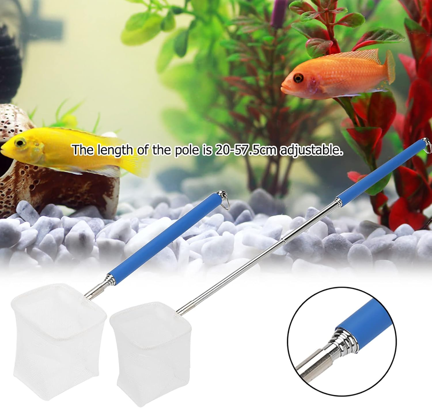 Adjustable Mini Fishing, Net Pole for Aquarium Tank Fish Accessories Shrimp 20 57.5Cm Expandable Blue Square round Net Black (Round Net) (Square Net) (Round Net) (Square Net) image number 3