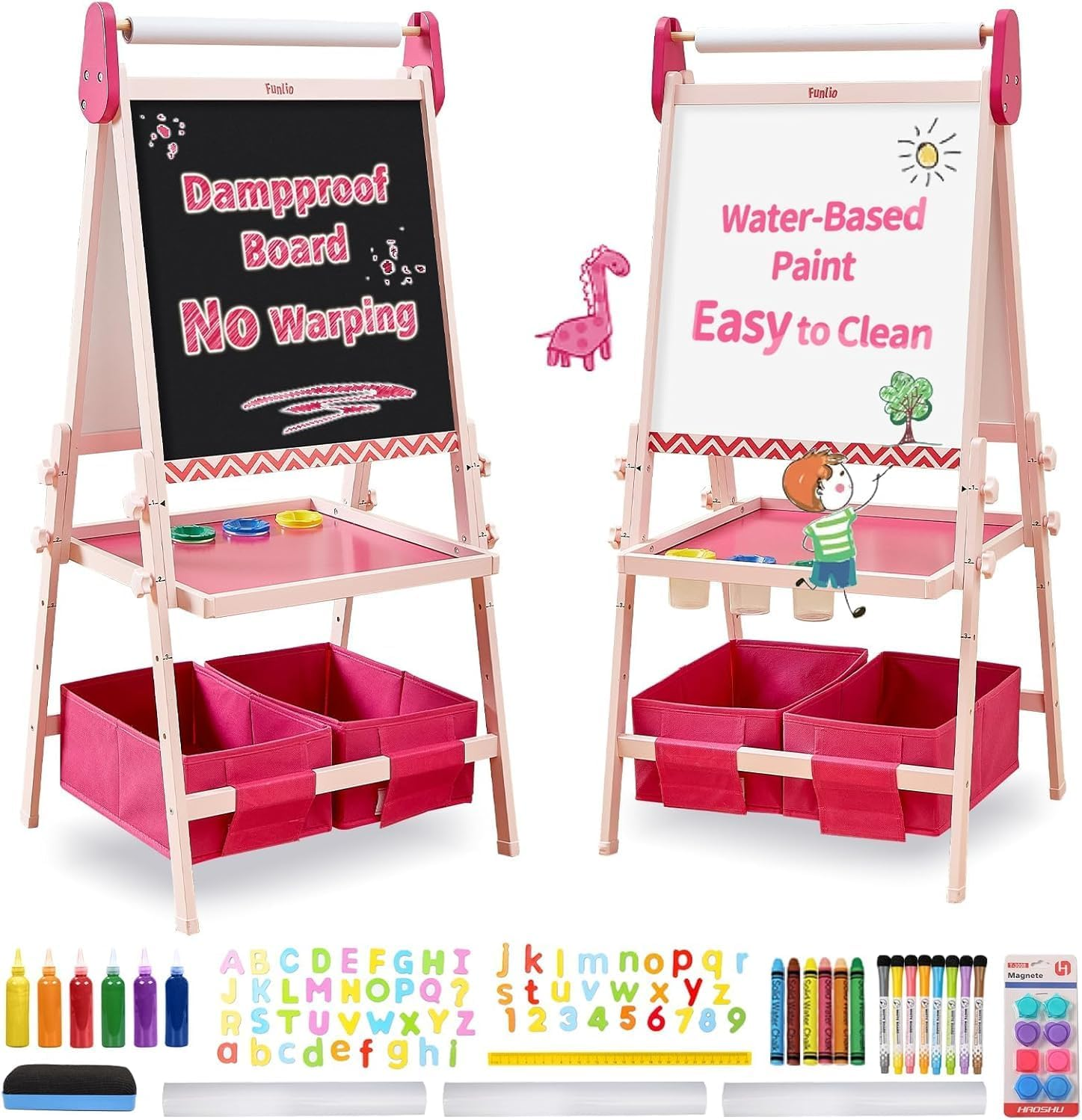 FUNLIO Art Easel for Kids Aged 2-8, Anti-Warp Board & Erasable Frame, Toddler Painting Easel with Magnetic Chalkboard/Whiteboard, 3-Level Height Adjustable, All-In-One Standing Easel with Paper Roll