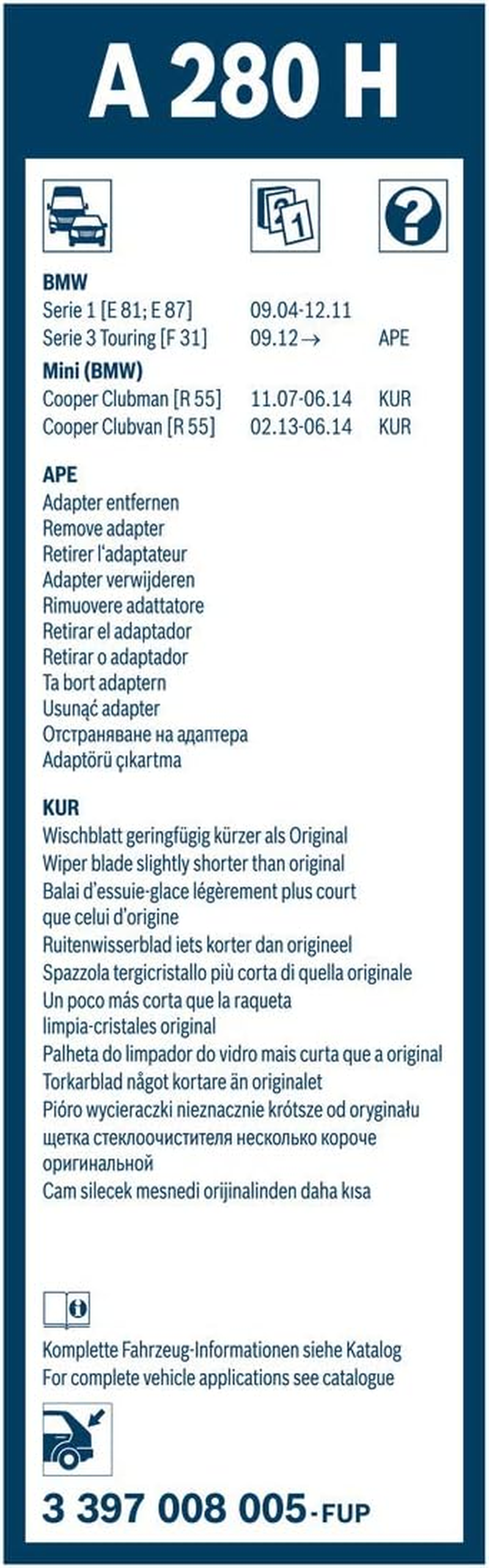 BOSCH A280H Wiper Blade Aerotwin, Rear Fits BMW 1 [E 87] (2004-2011), MBM Mini [R 55] Clubman (2007-2014), for Mustang Mach-E [CGW] (2020 -), BMW 3 [G 21] Touring (2019 -) & Others image number 1
