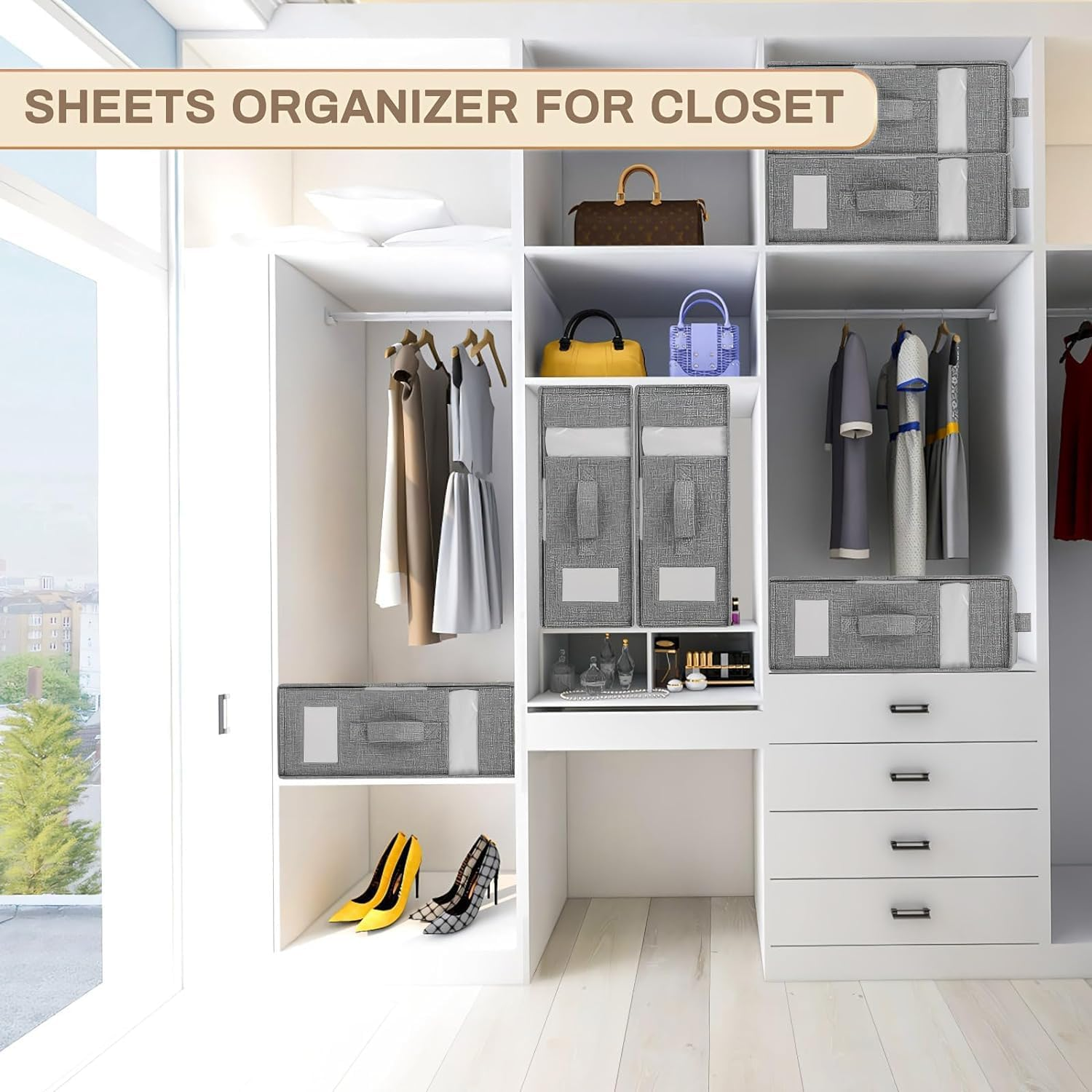 4 Pack Bed Sheet Organizers and Storage, Linen Closet Organizers and Storage, Sheet Folder Organizer with Window and Label, for Bedding Sheets, Covers, Pillowcase and Blanket image number 1