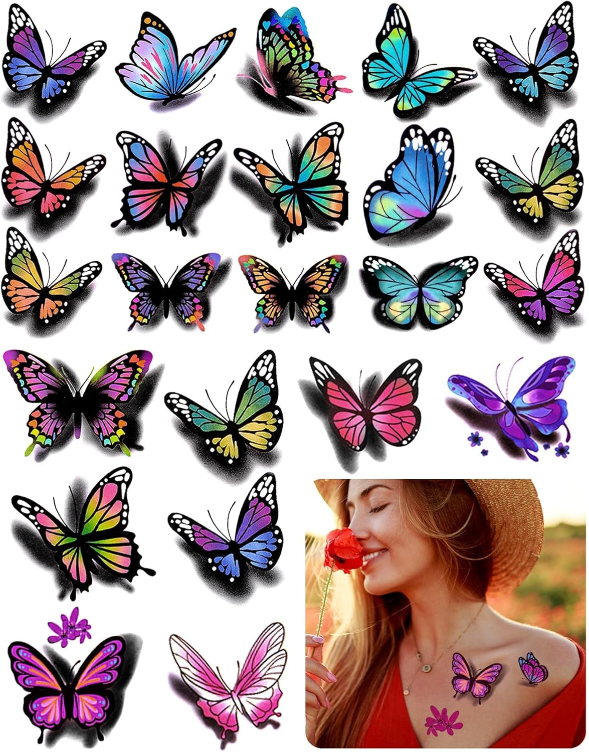 126Pcs Butterfly Tattoo Sticker 3D Temporary Tattoo Decal, Butterfly and Flower Design Removabl Waterproof Decal, Fake Tattoo for Women Girls Kids