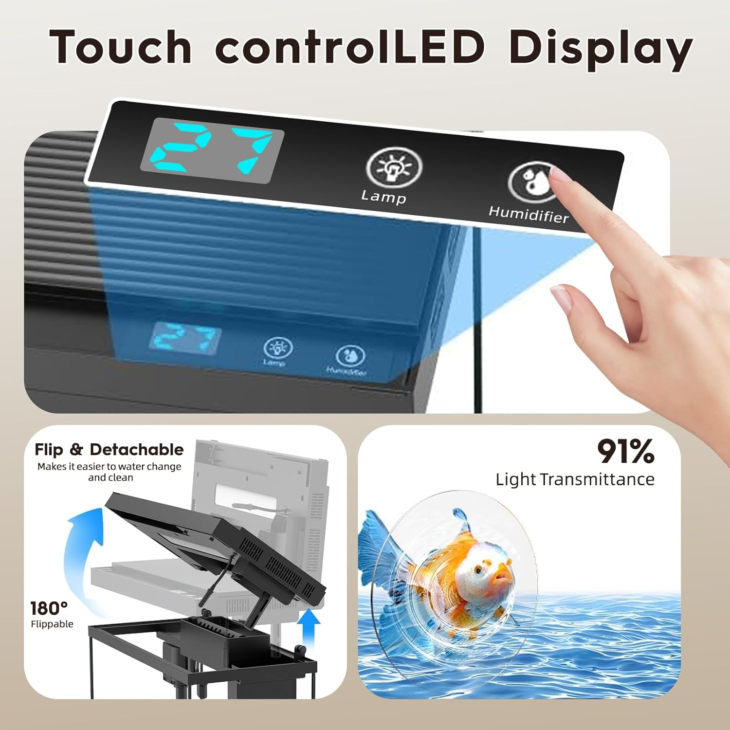 Smart Aquarium Small Aquarium Kit, 2.1 Gallon Fish Tank Kit with 7-Colour LED Light Scent Diffuser Humidifier Temperature Indicator image number 3