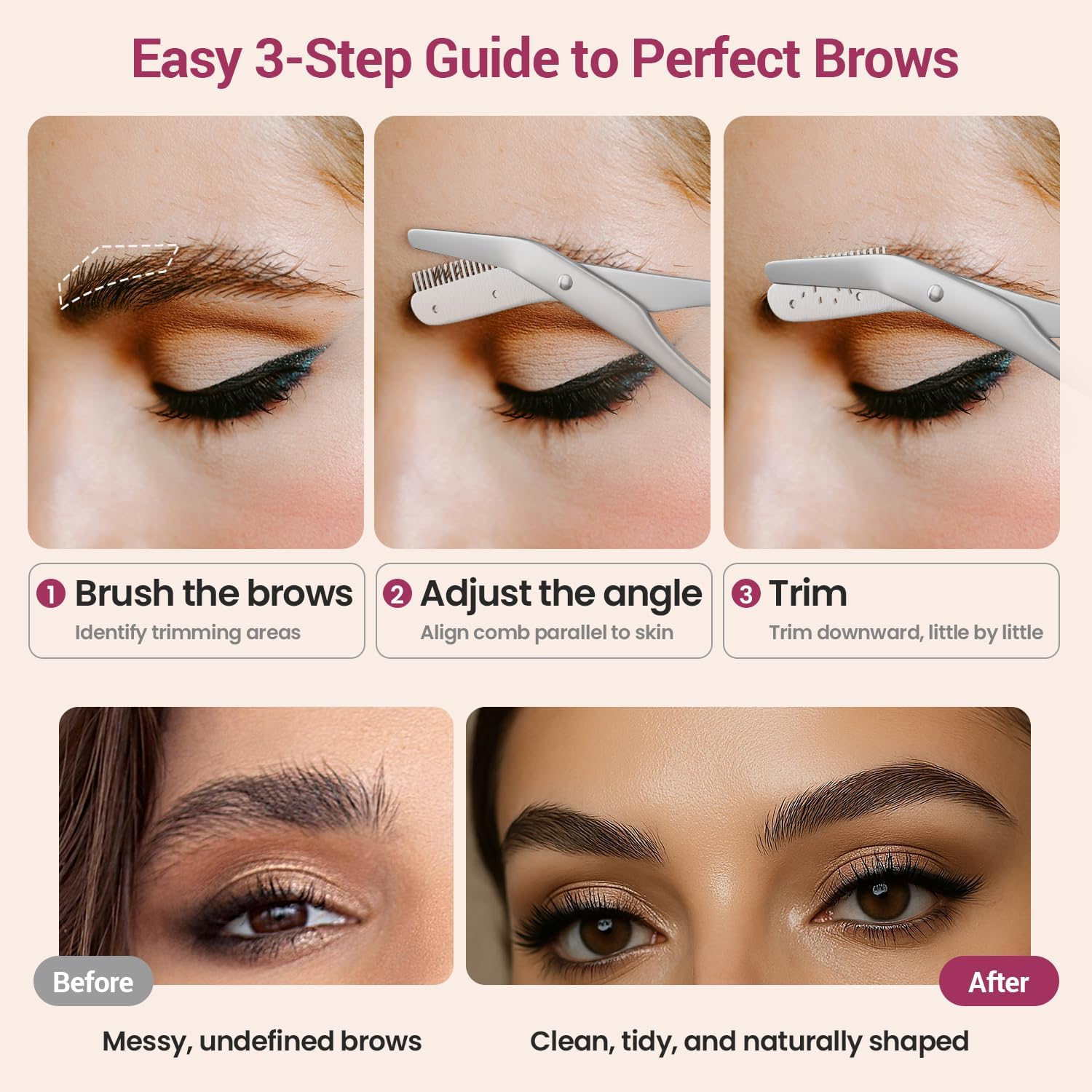 THRAU Eyebrow Scissors with Comb, Stainless Steel Precision Eyebrow Trimmer for Women, Safety Guard for Beginners, Mini Scissors and Grooming Kit for Home or Travel