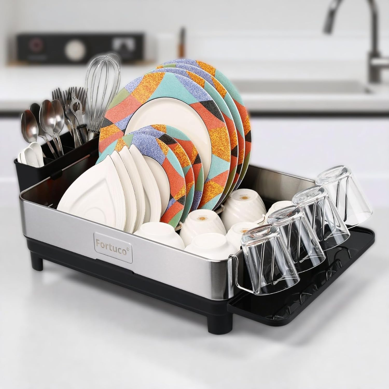 Fortuco&reg; Premium Dish Drying Rack &ndash; Stainless Steel Dish Rack for Kitchen &ndash; Space-Saving Kitchen Organiser & Drying Rack &ndash; Durable Accessories for Easy Dish Storage &ndash; Silver image number 1