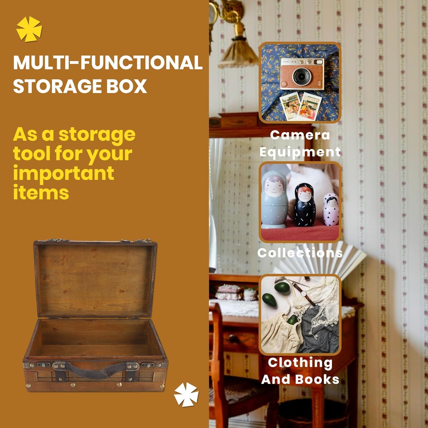 Wooden Chest Portable Vintage Distressed Multifunctional Wood Storage Trunk Handbag for Clothes Toys Photo Prop