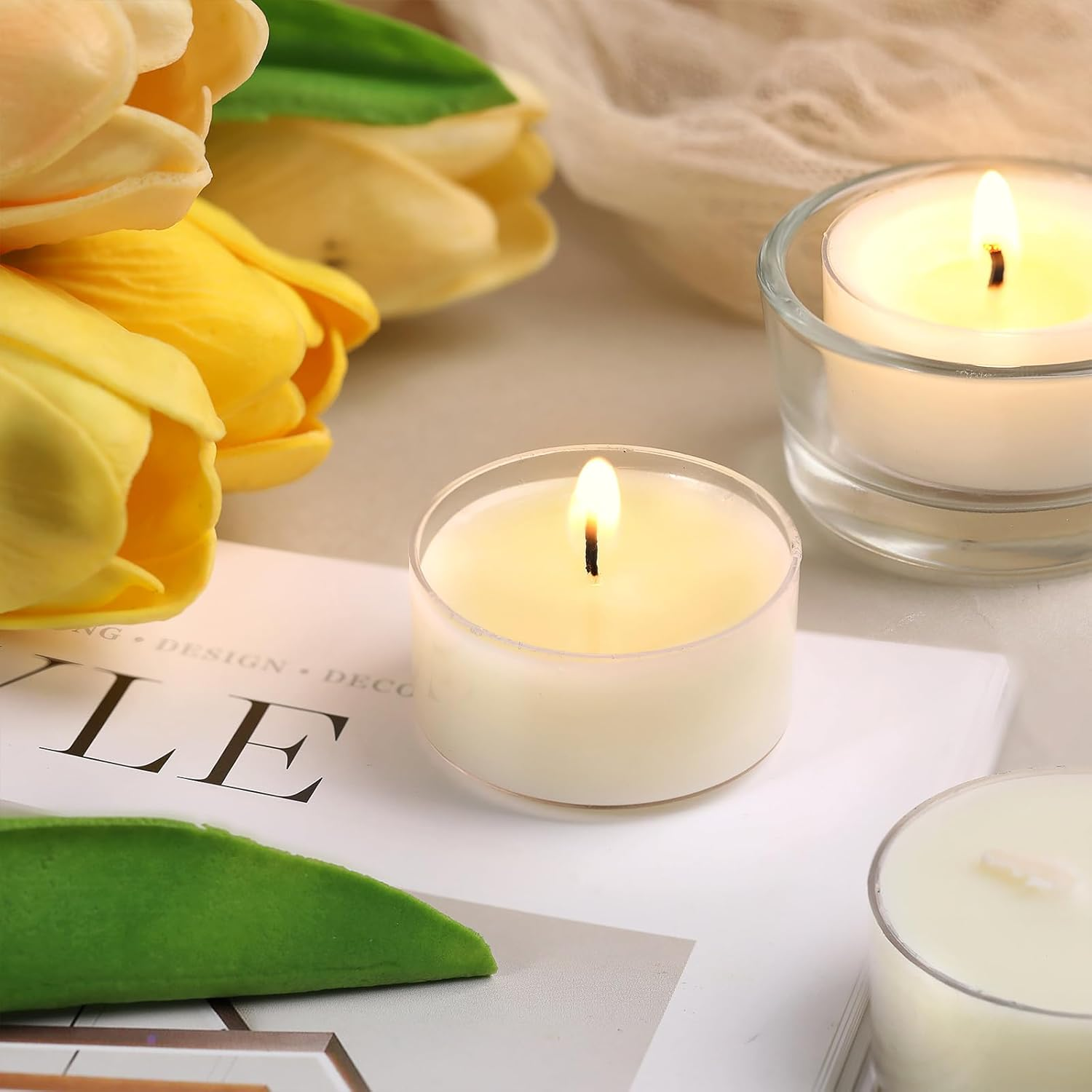 Simeitol 100 Pcs Soy Wax Tealight Candles (6 Hour Burn Time) White Unscented Votive Candles, Smokeless & Extended Burn Time Clear Cup Tea Lights for Weddings, Home, Emergencies image number 2