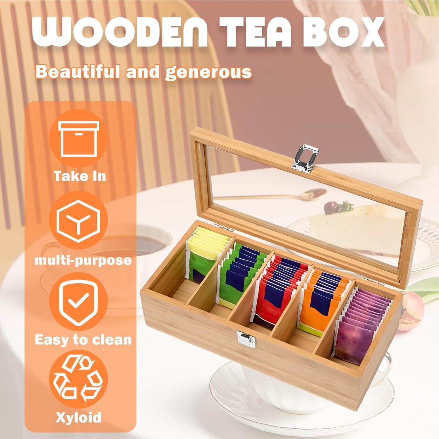 Bamboo Tea Bag Organizer Storage Box 5 Compartments Tea Box Storage Organiser Wooden Teabox with Clear Lid Portable Teabag Holder for Home Countertops Office Collections Sugar Packets