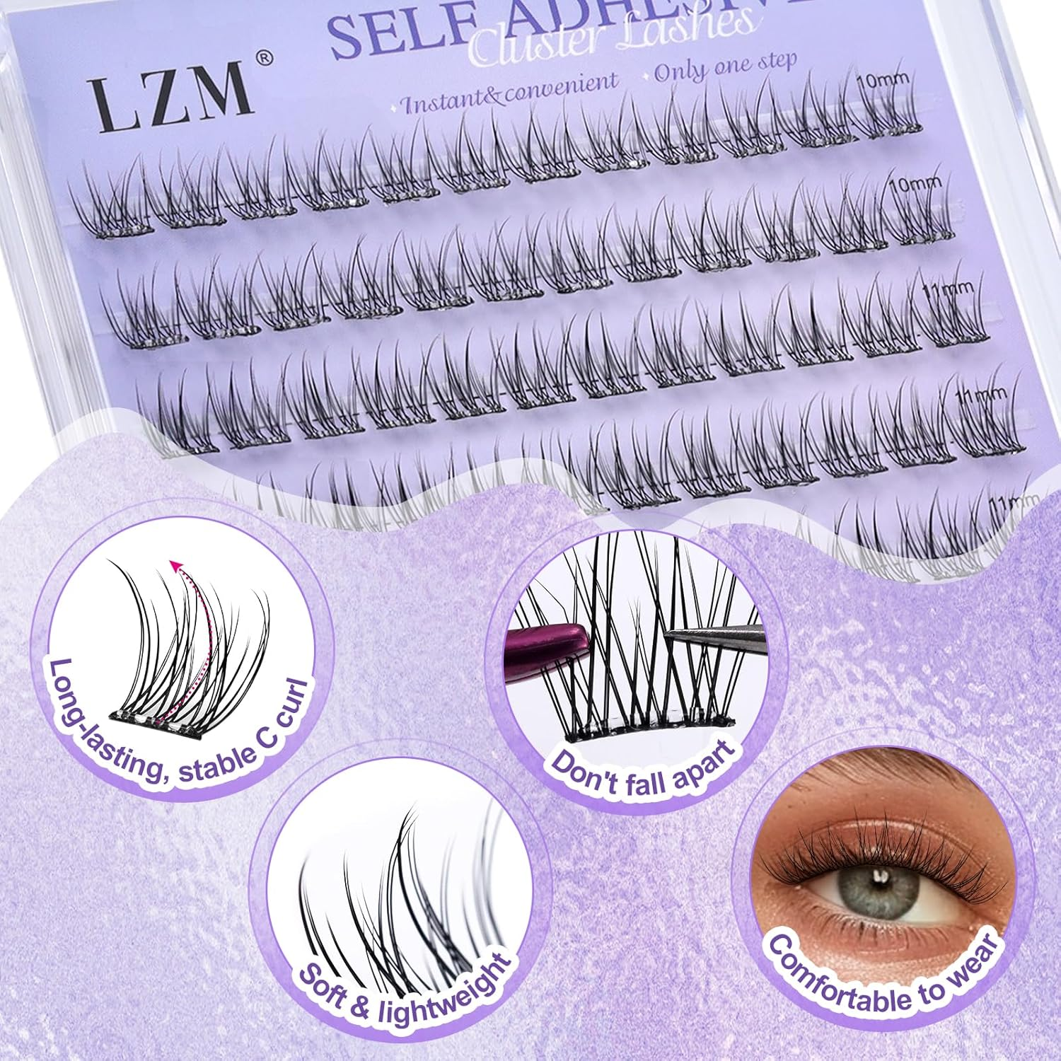 LZM Self Adhesive Lashes Clusters Pre Glued Eyelashes Press-On Lashes Individual Lash Extension with Lash Tweezers No Glue Needed Natural DIY Eyelash Extensions 10-13Mm (Kit-01) image number 5