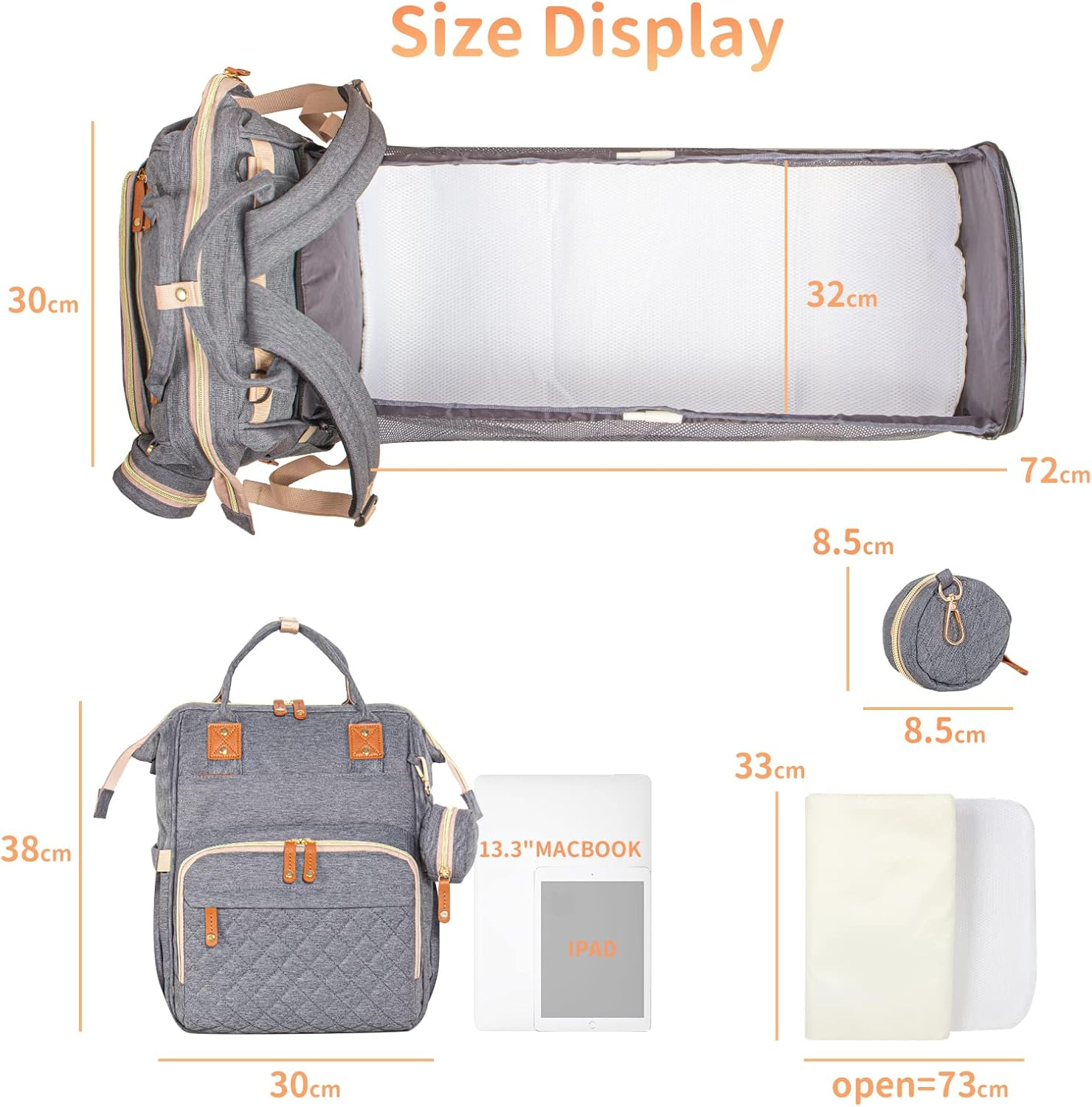 Leogreen 3 in 1 Diaper Bag Backpack with USB Charging Port, Pacifier Case, Stroller Straps, Thermal Pockets, Multi-Functional Large Waterproof Travel Baby Nappy Bags - Dark Grey image number 2