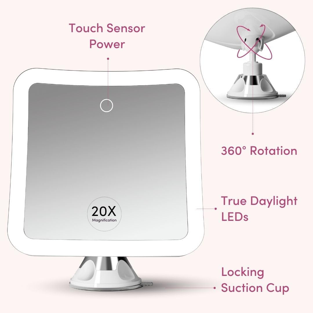 Fancii 20X Magnifying Makeup Mirror with LED Lights, Rechargeable, High Zoom | 7-Inch Large Lighted Travel Mirror for Vanity and Bathroom, Dimmable, 3 Light Settings, Strong Suction, 360&deg; Rotation image number 5