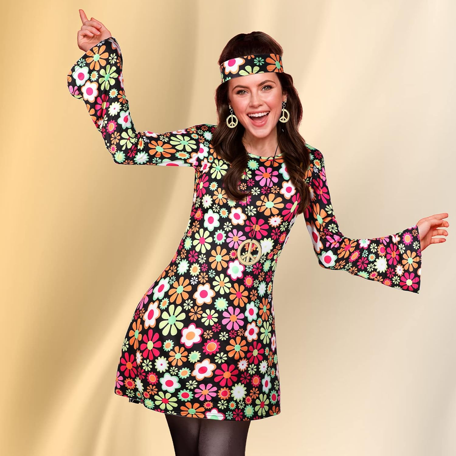 Haysandy Women'S 70S 80S Hippie Disco Costume Set: Green, Brown, Orange, Black; Earring, Necklace, Headband, Dress; Halloween; Adult Women, Halloween Enthusiasts image number 1