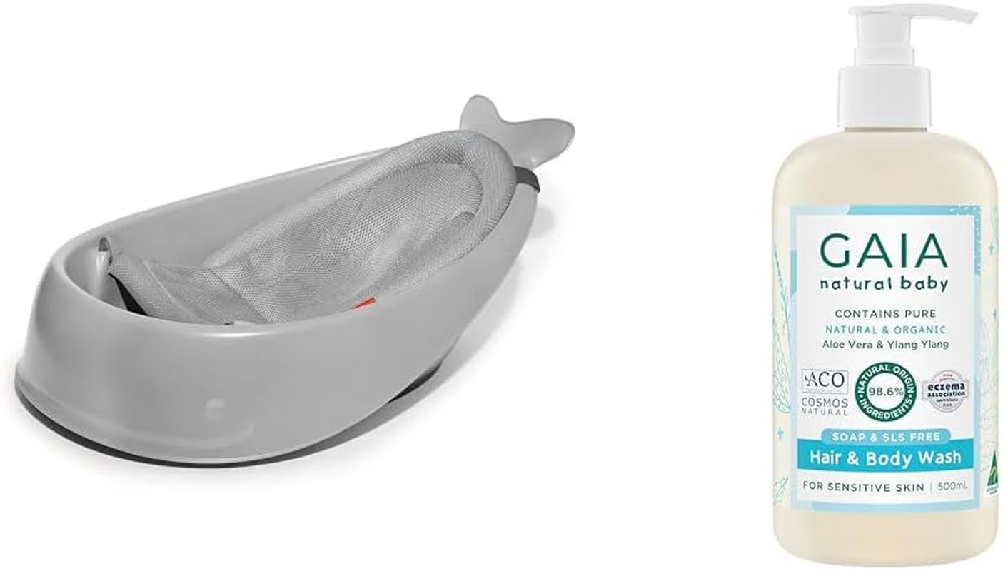 Skip Hop Moby 3 in 1 Baby and Toddler Bath Tub, Grey and Gaia Natural Baby Hair & Body Wash