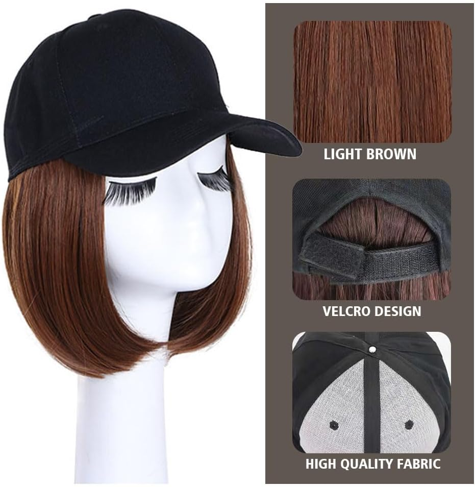 Baseball Cap with Hair Extensions, Straight Short Bob Wigs Hat for Women Girls Adjustable with Hair, Removable Synthetic Hat (Light Brown)