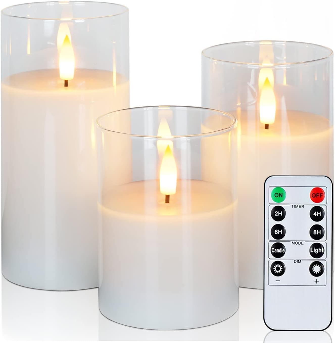 Clear Glass Flameless Candles Battery Operated with Timer, Remote Control, LED Pillar Candles Battery Powered, D3 H4 5" 6", Set of 3 (White)
