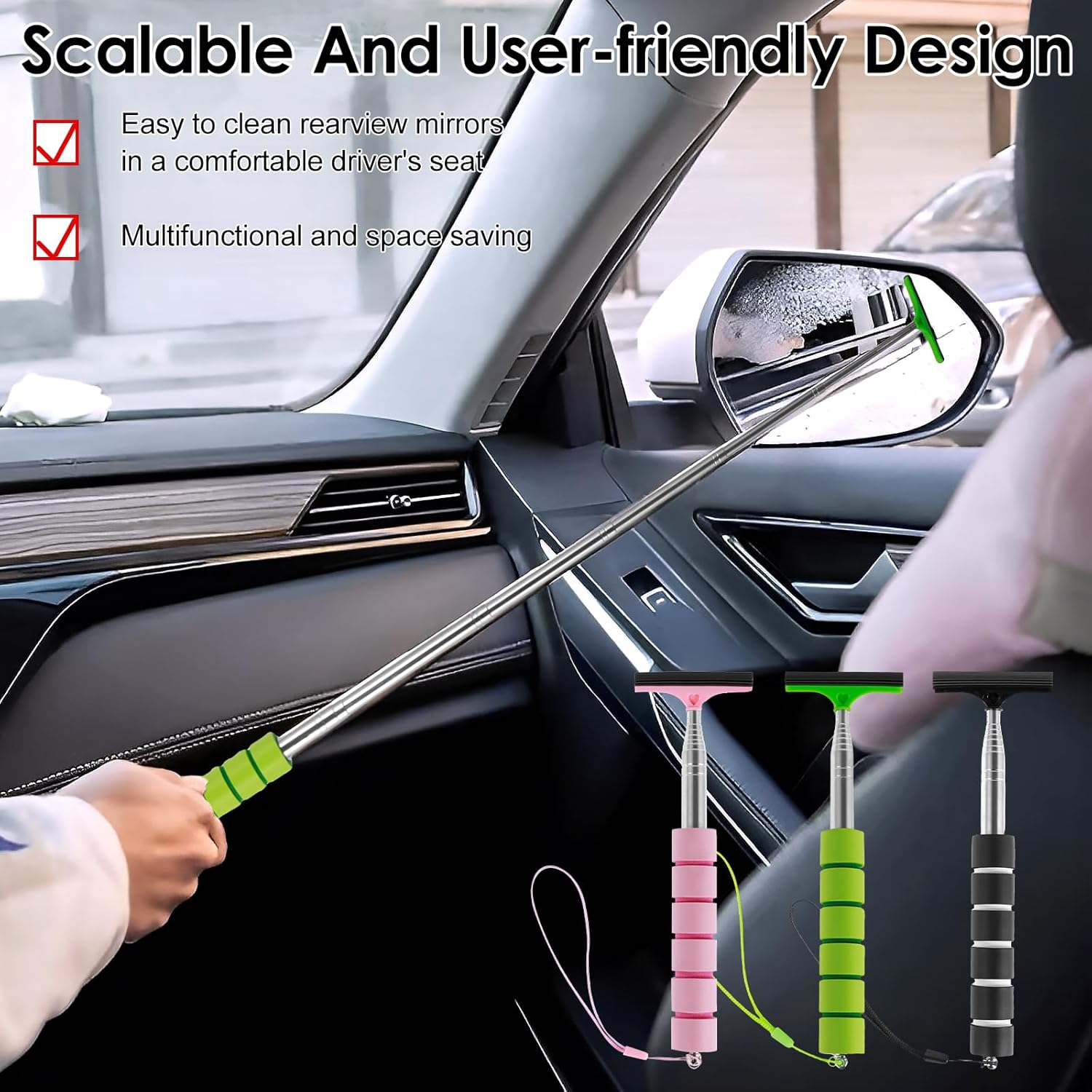 3 PCS Side Mirror Squeegee, 38.5 Inch Car Mirror Squeegee,Retractable Car Rearview Mirror Wiper,Portable Car Cleaning Tool for Rainy Foggy Weather, Car Windshield Wiper Universal Car Accessories image number 5