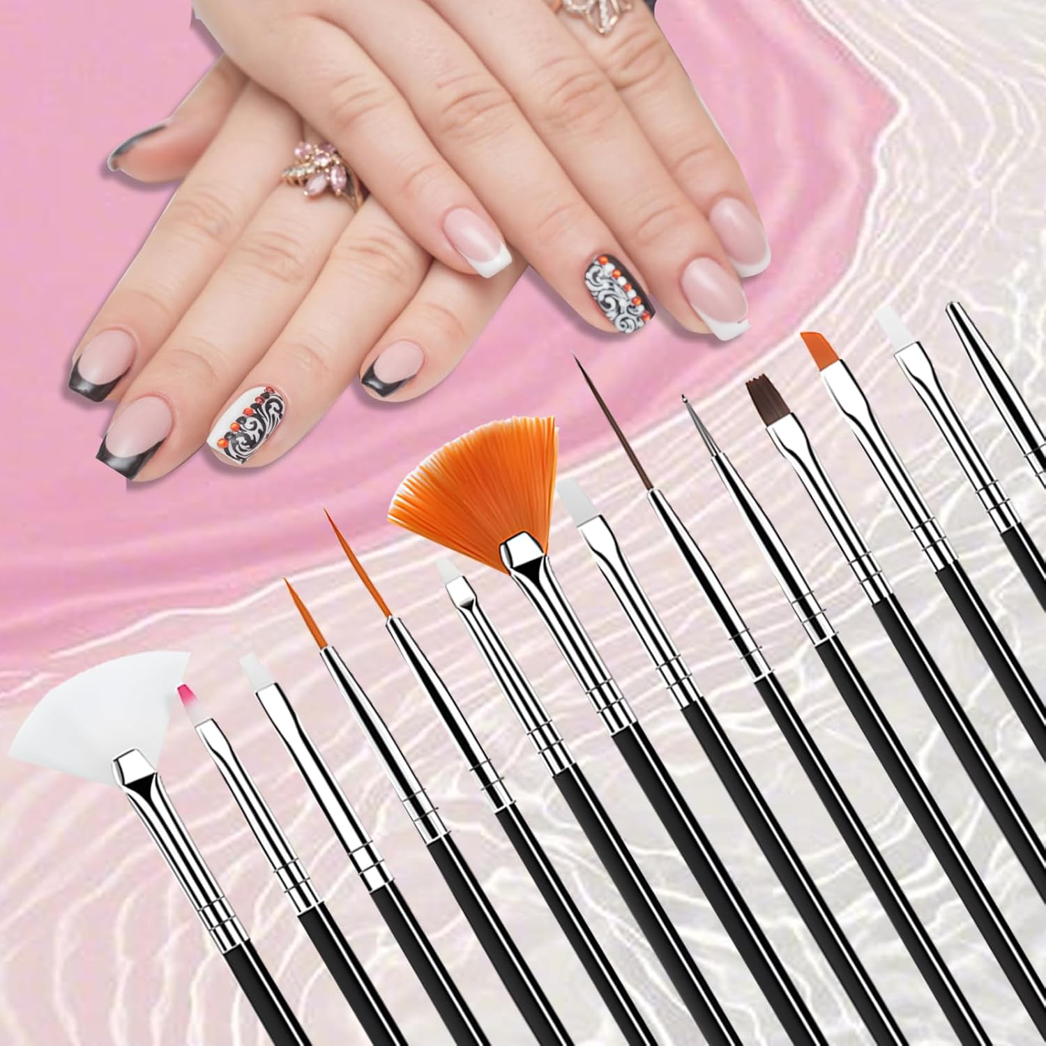 Nail Art Brush Set with 15 Precision Brushes and Blending Palette Black image number 2