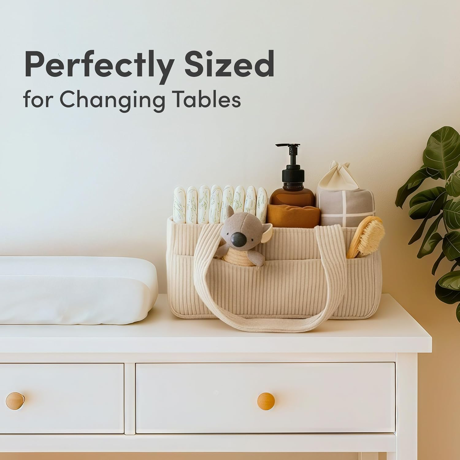 PUTSKA Baby Nappy Caddy Organiser for Changing Table &ndash; Stylish Nursery Storage Basket, Newborn Essentials, Baby Shower Gifts and Registry Must-Haves for Boy or Girl, Car Nappy Caddy, Corduroy Cream - Mocha image number 4