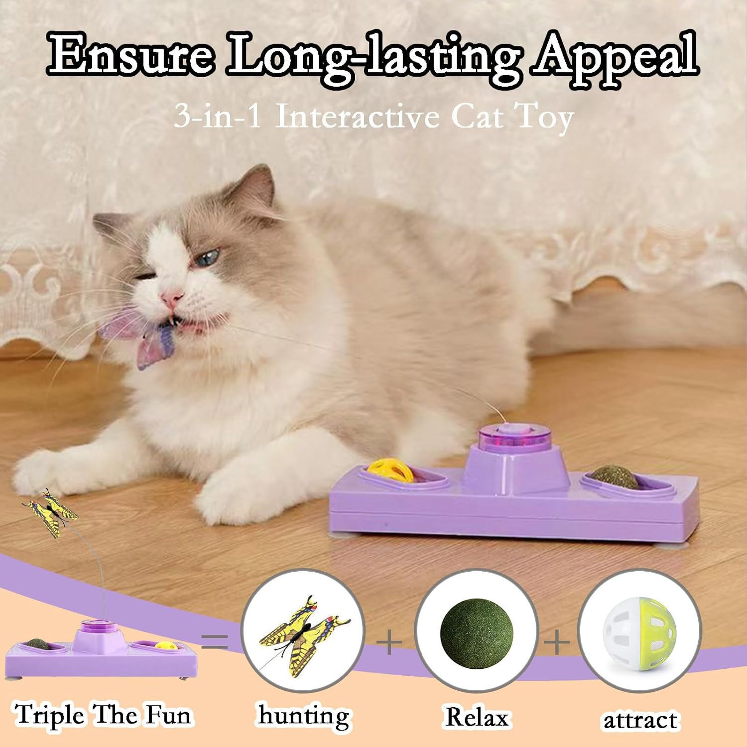 Cat Toys 3 in 1 Interactive Cat Toys for Indoor Cats - with Interactive Butterfly Flutter,Track Balls and Catnip