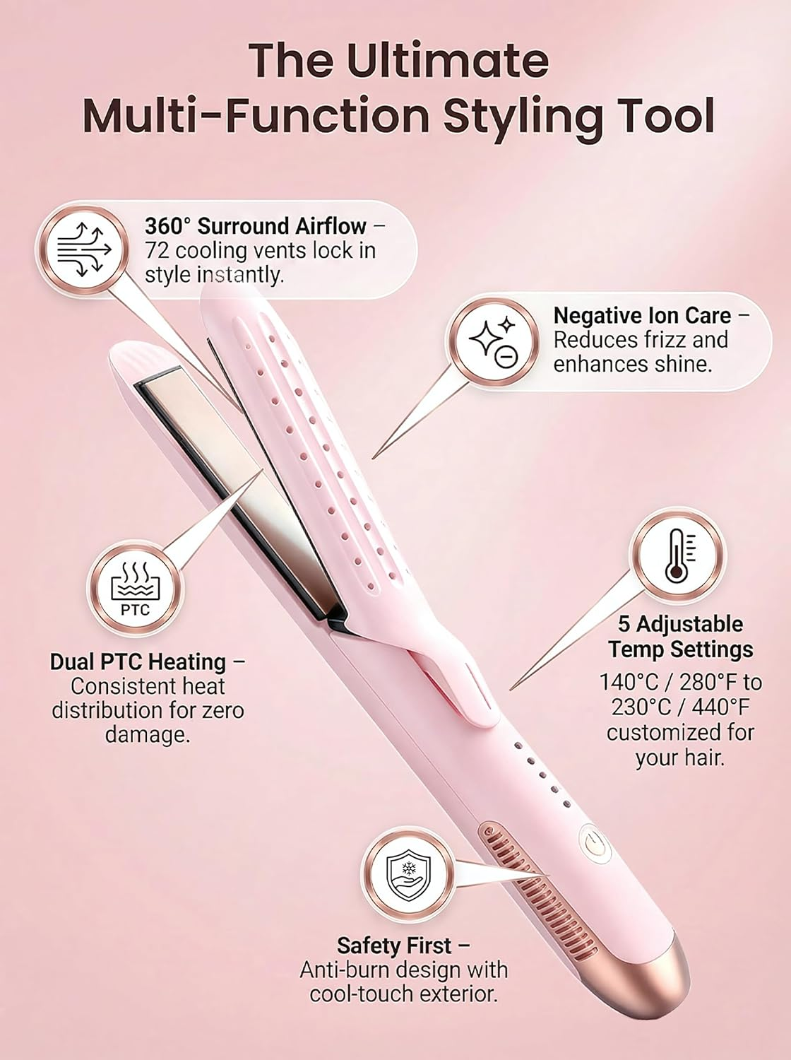 Cool Air Styler 2-In-1 Hair Straightener and Curler | 360&deg; Airflow for Damage-Free Styling & Long-Lasting Hold, Ionic Anti-Frizz Tech AU Plug (Pink) image number 1