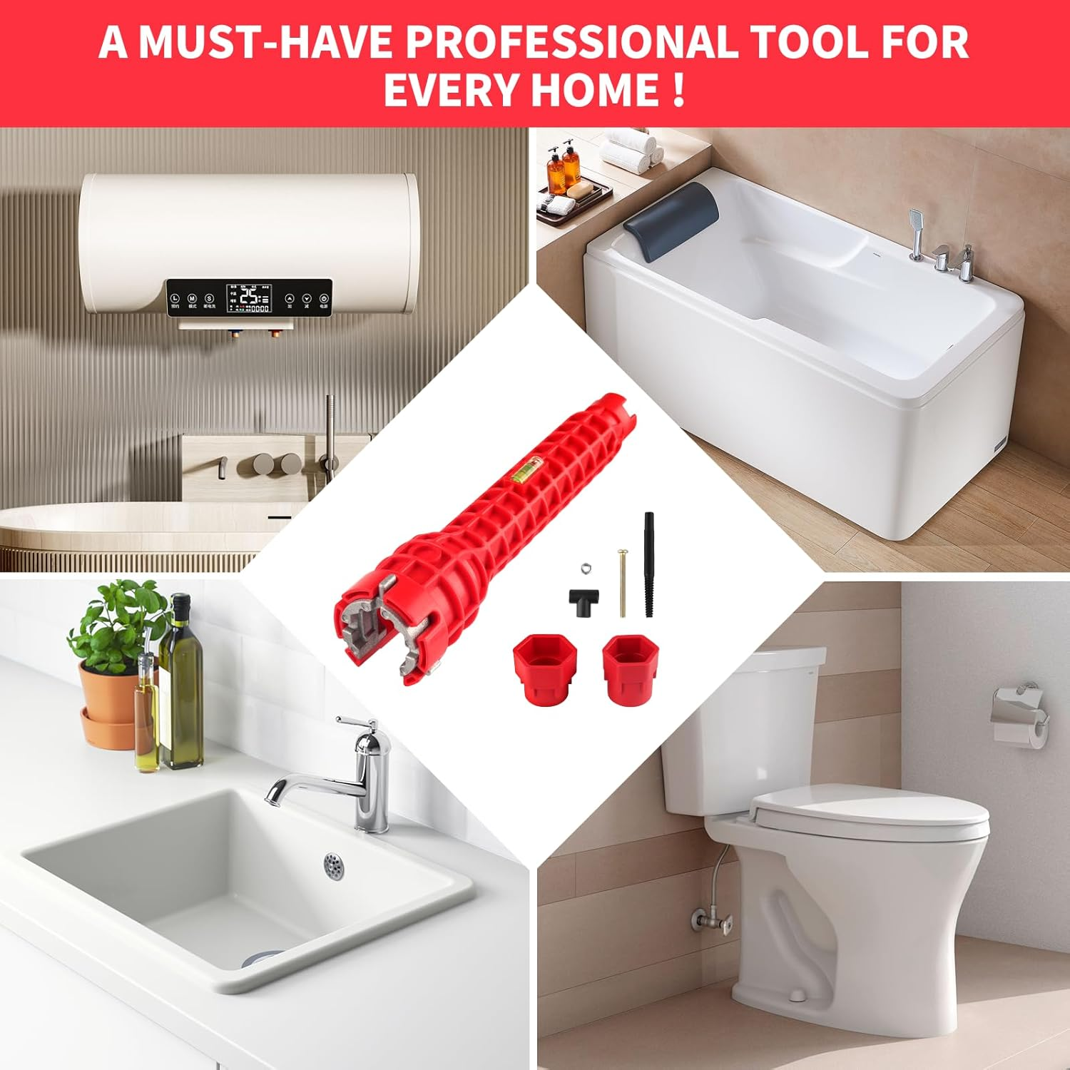 Eukyplace Plumbing Tools 8-In-1, Multifunctional Faucet and Sink Installer Pipe Wrench, Professional Plumbing Wrench for Bathroom & Kitchen, Compatible with Spanners & Wrenches (Red) image number 5