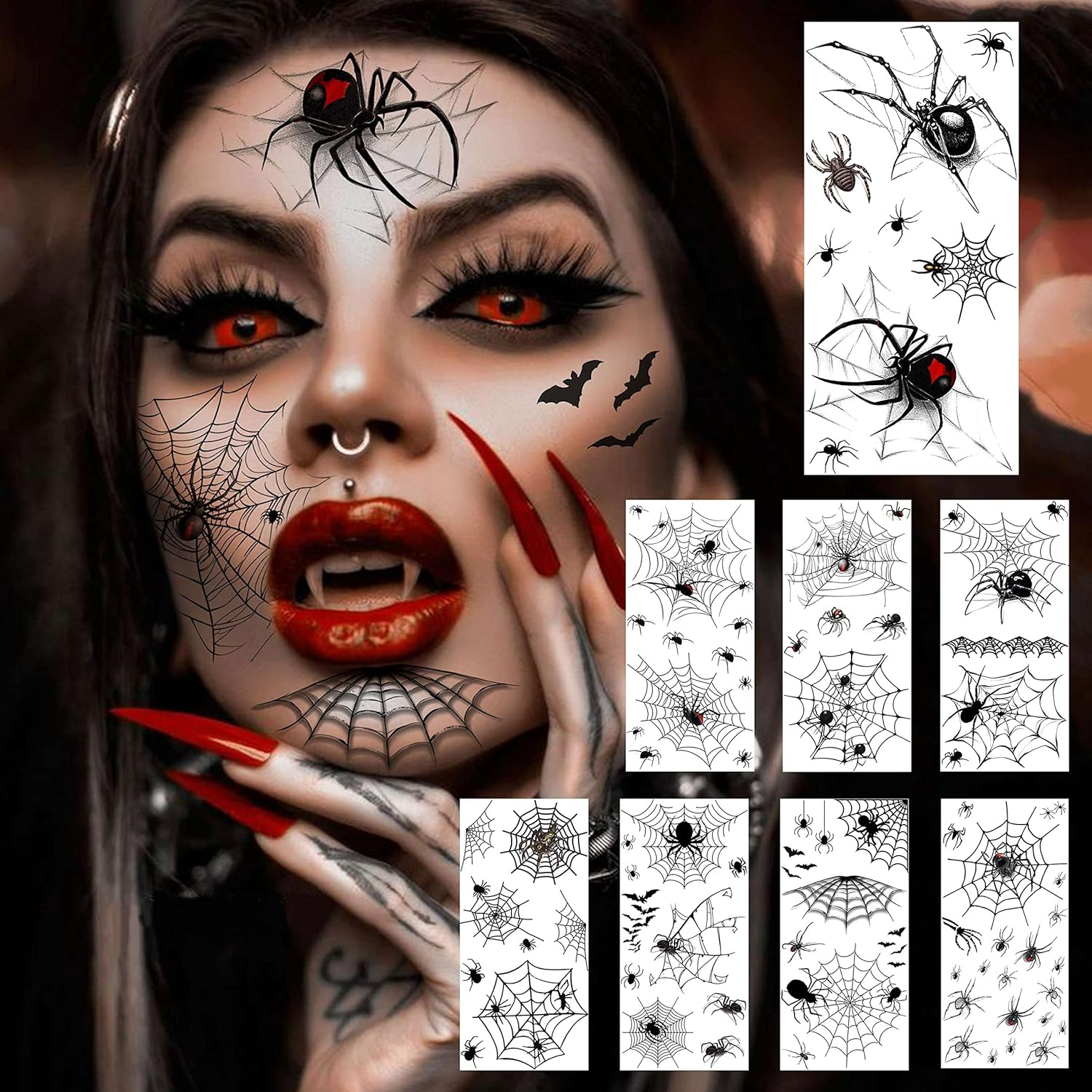 COKTAK 8 Sheets Large 3D Spider Web Temporary Tattoos Halloween Makeup Kit for Women Adults Realistic Witch Bat Zombie Fake Face Tattoos Sticker for Kids Men Adults Scary Halloween Decals Spiderweb image number 3
