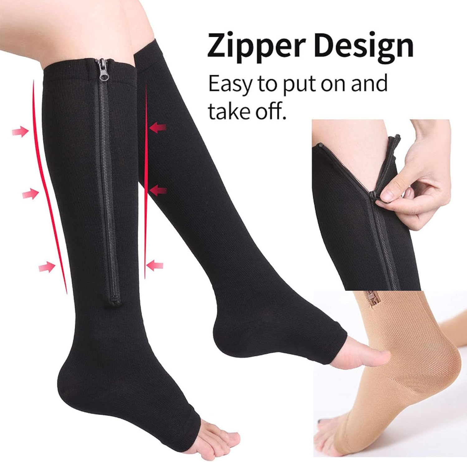 Zipper Compression Socks for Women and Men - Toeless Thigh High Open Toe with Zipper, Easy On/Off, Ideal for Pain Relief and Improved Circulation (Black) (L/XL) image number 5