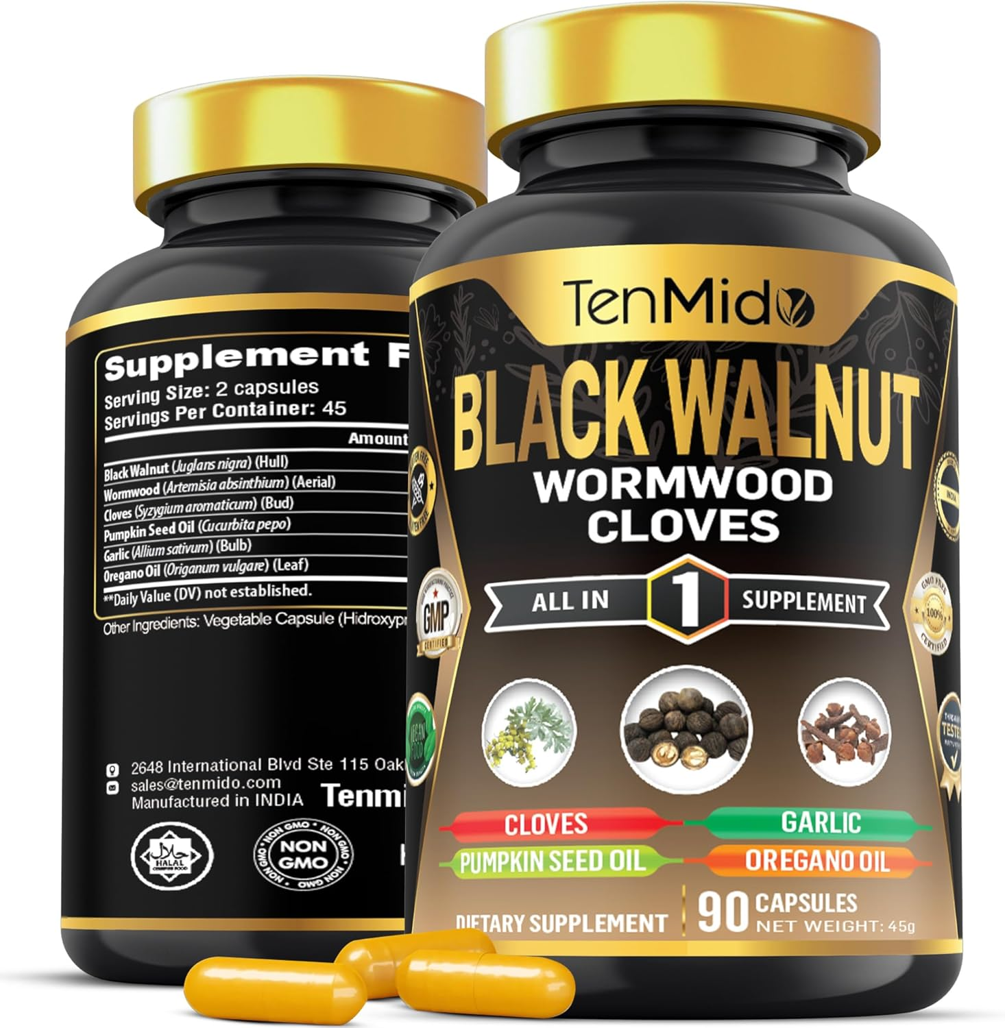 Black Walnut, Wormwood, Cloves Supplements - 6In1 Blend with Pumpkin Seed, Garlic, Oregano - Gut & Digestive Health Support - 90 Vegan & Non-Gmo Capsules image number 1