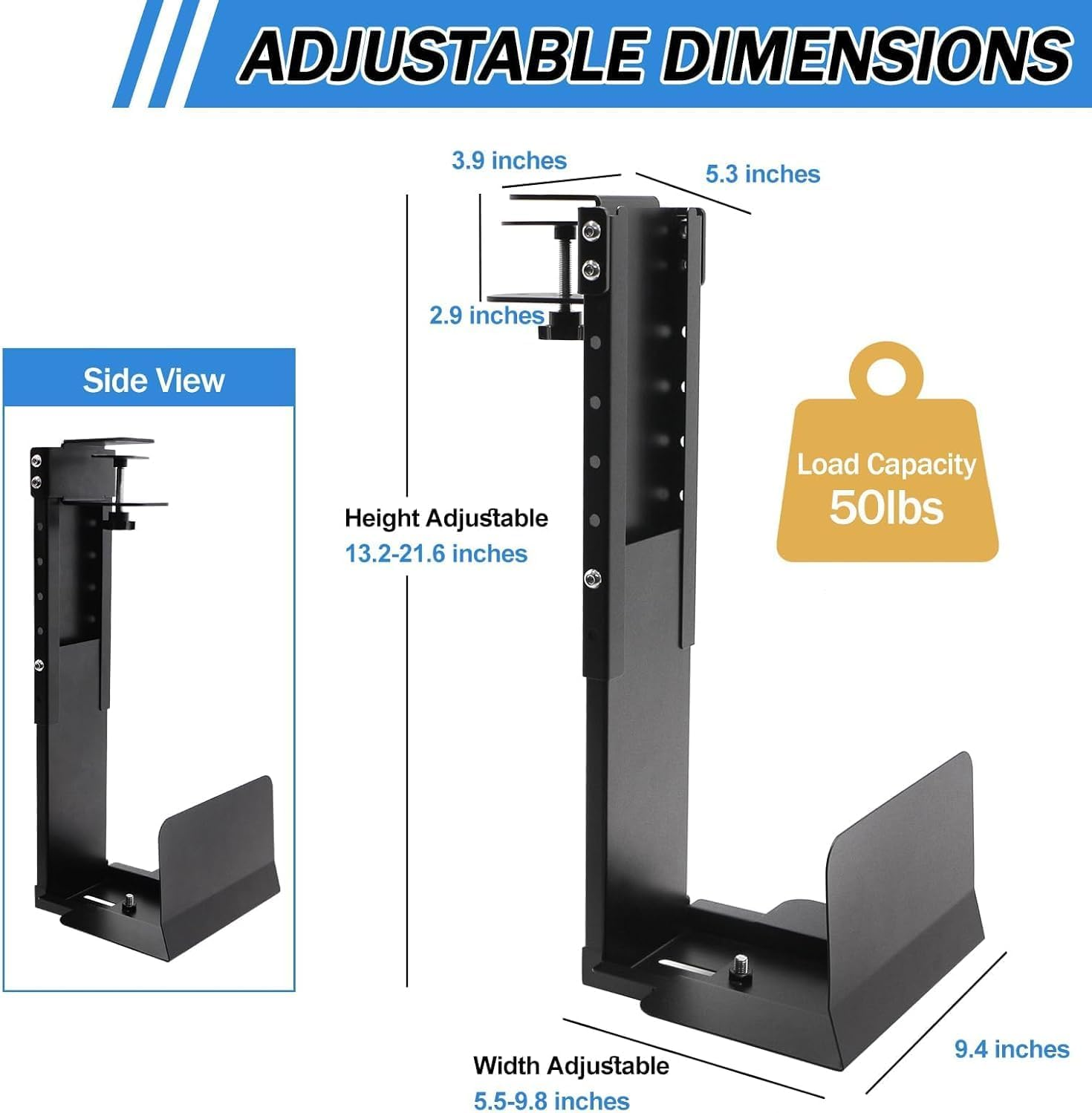 Adjustable Clamp Mount on Desk for PC Tower - No Drilling, Height - 13.2" to 21.6", Width - 5.5" to 9.8", Heavy Duty under Desk Computer Mount, Computer Case CPU Holder with Tool-Free Installation image number 5