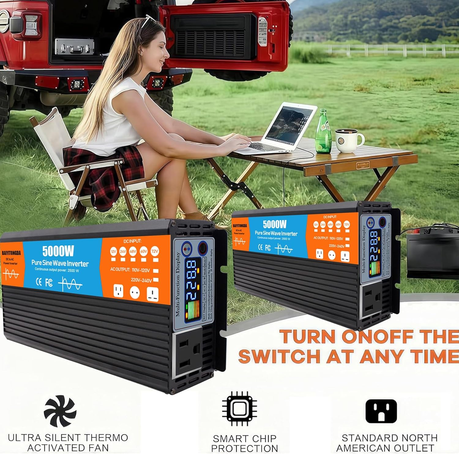 5000W DC 12V/24V/48V/60V/72V Pure Sine Wave Inverter Charger DC Input AC Output 120V/240V Low Frequency Solar Power Inverter Converter,72V to 220V image number 6