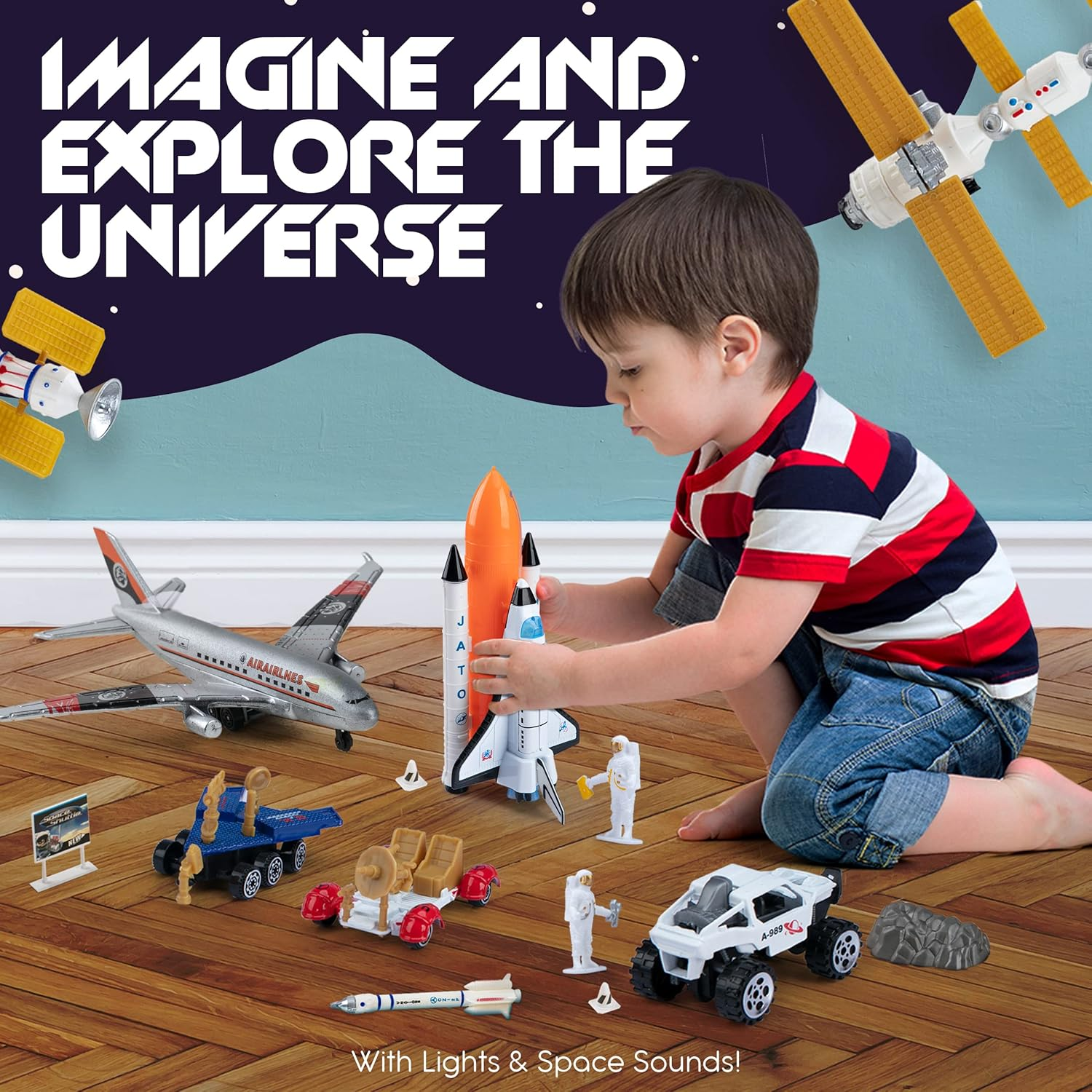 Smart Novelty Space Shuttle Toys, Interactive Toy Rocket Ship, 14 Pcs Space Shuttle Toy, Die-Cast Space Toys for Kids 3-5 with Lights, Rocket, Mini Astronauts, Airplanes & Vehicles image number 5