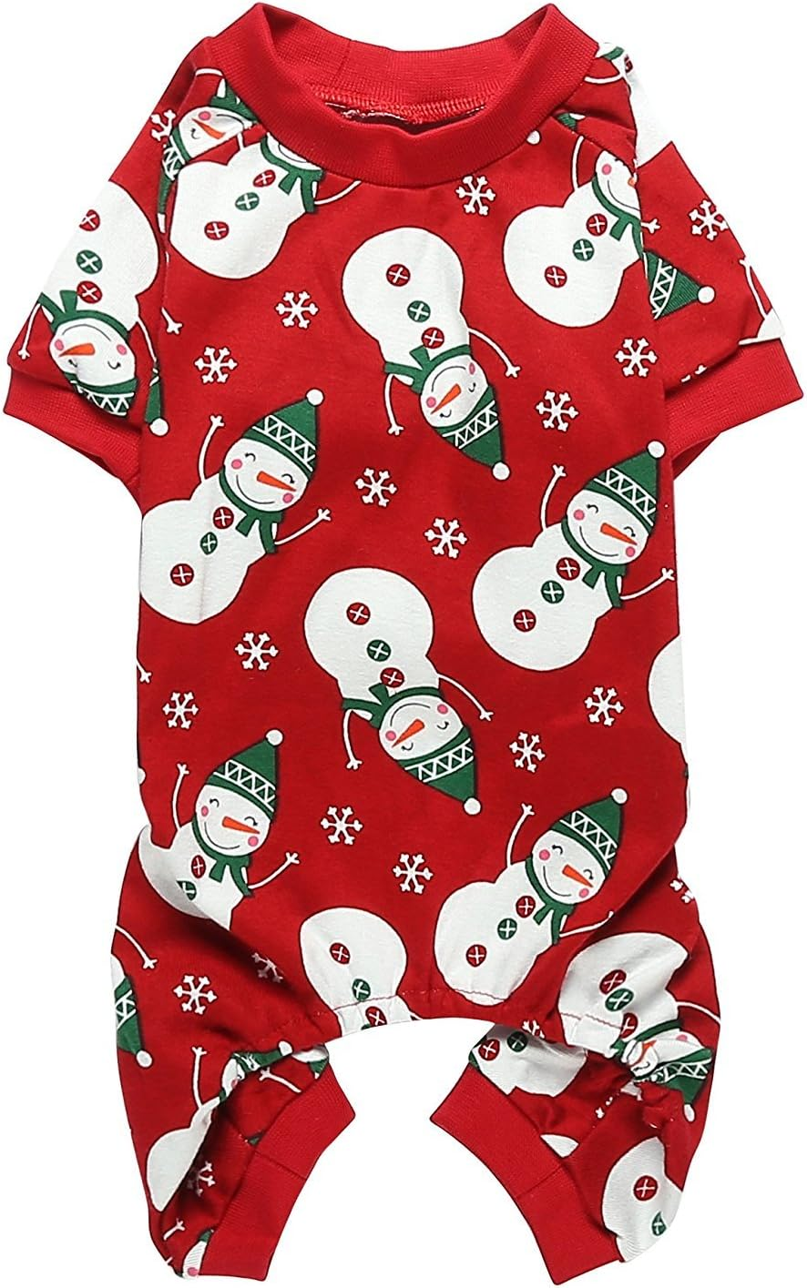 Lanyarco Cute Snowman Christmas Dog Pajamas, Soft Cotton Xmas Christmas Pajamas for Dogs Holiday Pet Clothes Onesie PJS, Red Medium Back Length 15" image number 4