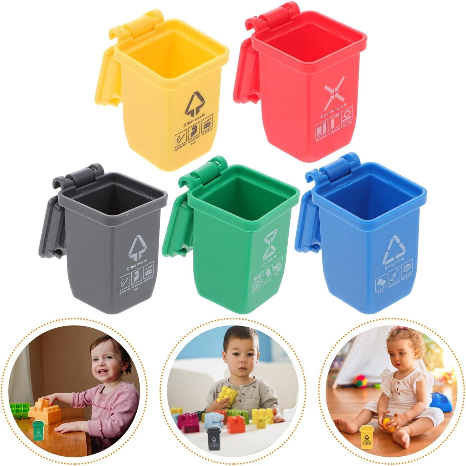 Zerodeko 5 PCS 1/12 Miniature Trash Can, Simualtion Mini Garbage Can Rubbish Bin for Dollhouse Decor DIY Scene Pretend Play Furniture Model