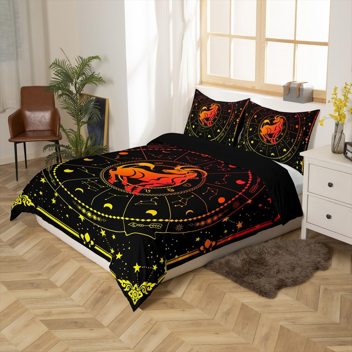 Homewish Capricorn Duvet Cover 155 X 220 Cm for Adults, Psychedelic Zodiac Sign Bedding Set, Constellations Sky Comforter Cover, Galaxy Stars Bed Set, Red Yellow image number 4