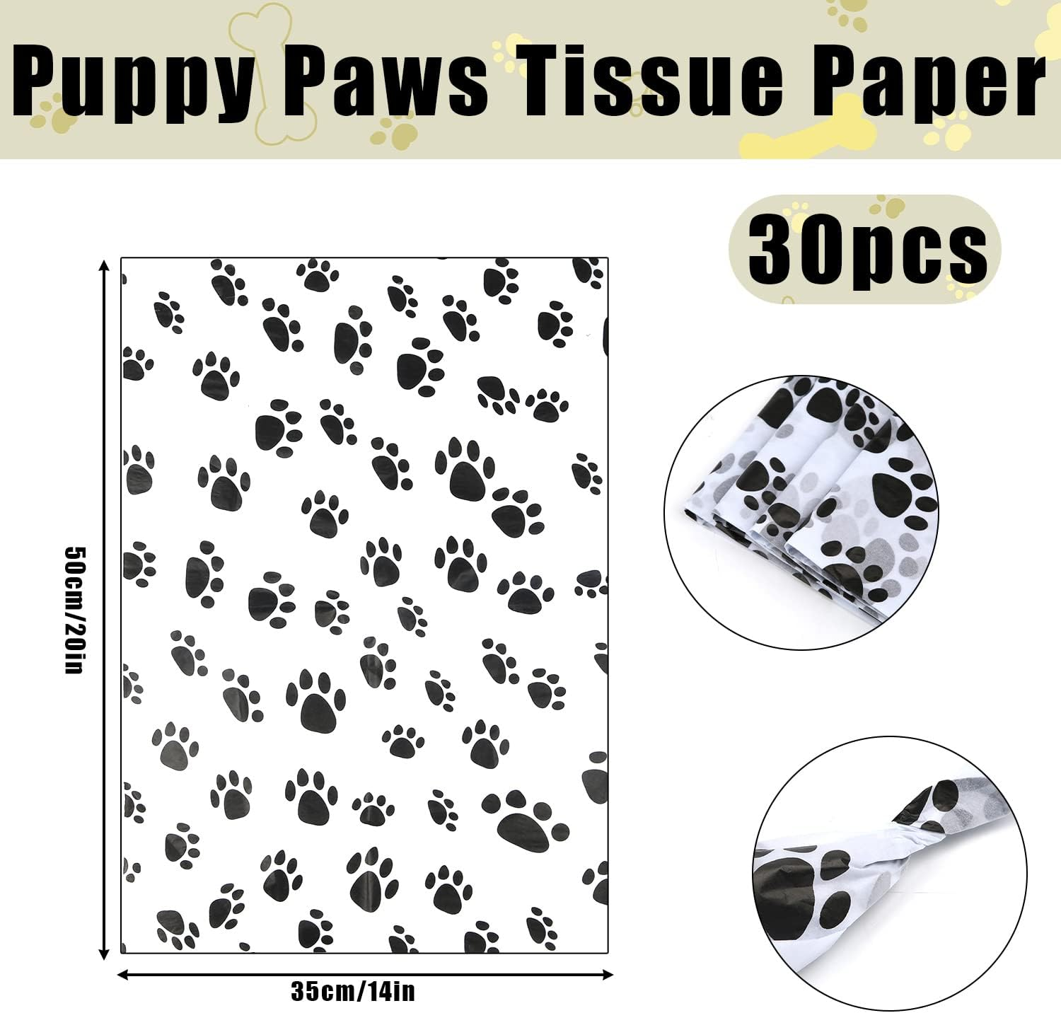 30Pcs Tissue Paper Sheets, 20X14In Dog Paw Tissue Paper Cute Tissue Paper Bulk for Packaging Christmas Wedding Birthday Party DIY Crafts Arts (White Background) image number 1