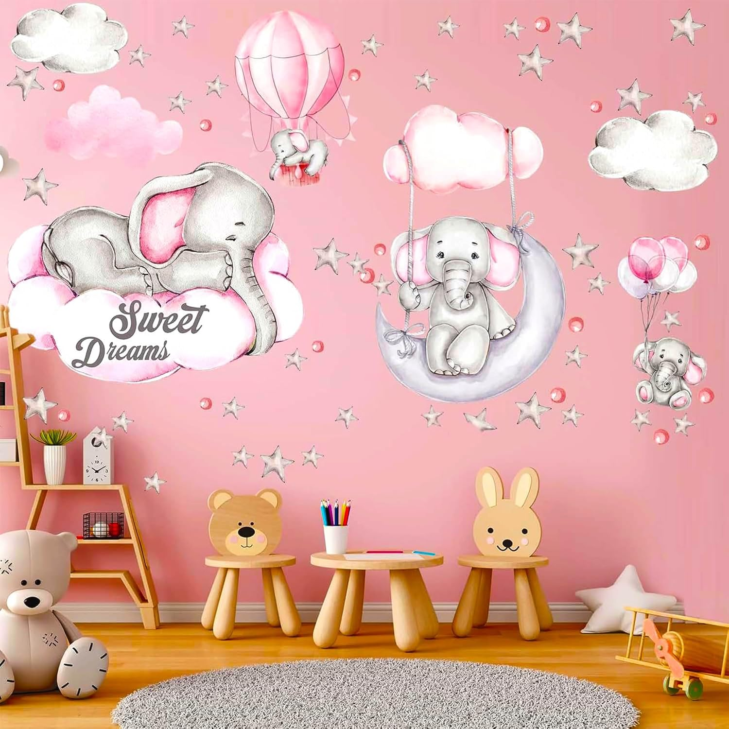 POILKMNI Tedy Bear Sleeping on the Moon and Stars Wall Stickers for Kids Baby Room Decor Sweet Dream Hot Air Balloon Star Nursery Shower Interior Kid Bedroom Playroom Decals (Pink)