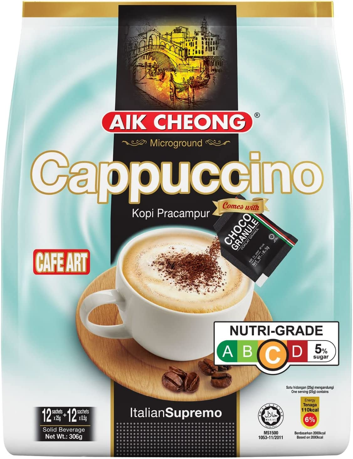 Aik Cheong Cappuccino | Italian Style Instant Coffee with Creamy Foam | Premium Quality Instant Coffee Sachets | Quick and Easy to Prepare | 25 G X 12 Sachets (306 G) image number 2