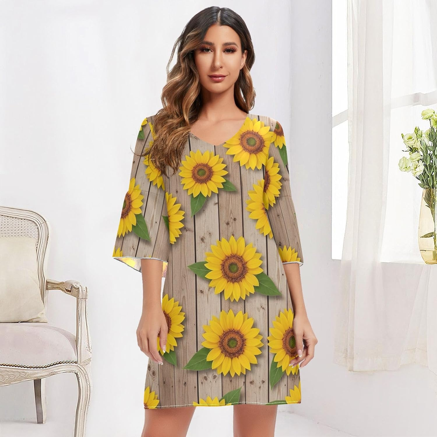 Rustic Yellow Sunflowers V Neck Dress Printed Line Maternity Dress image number 5