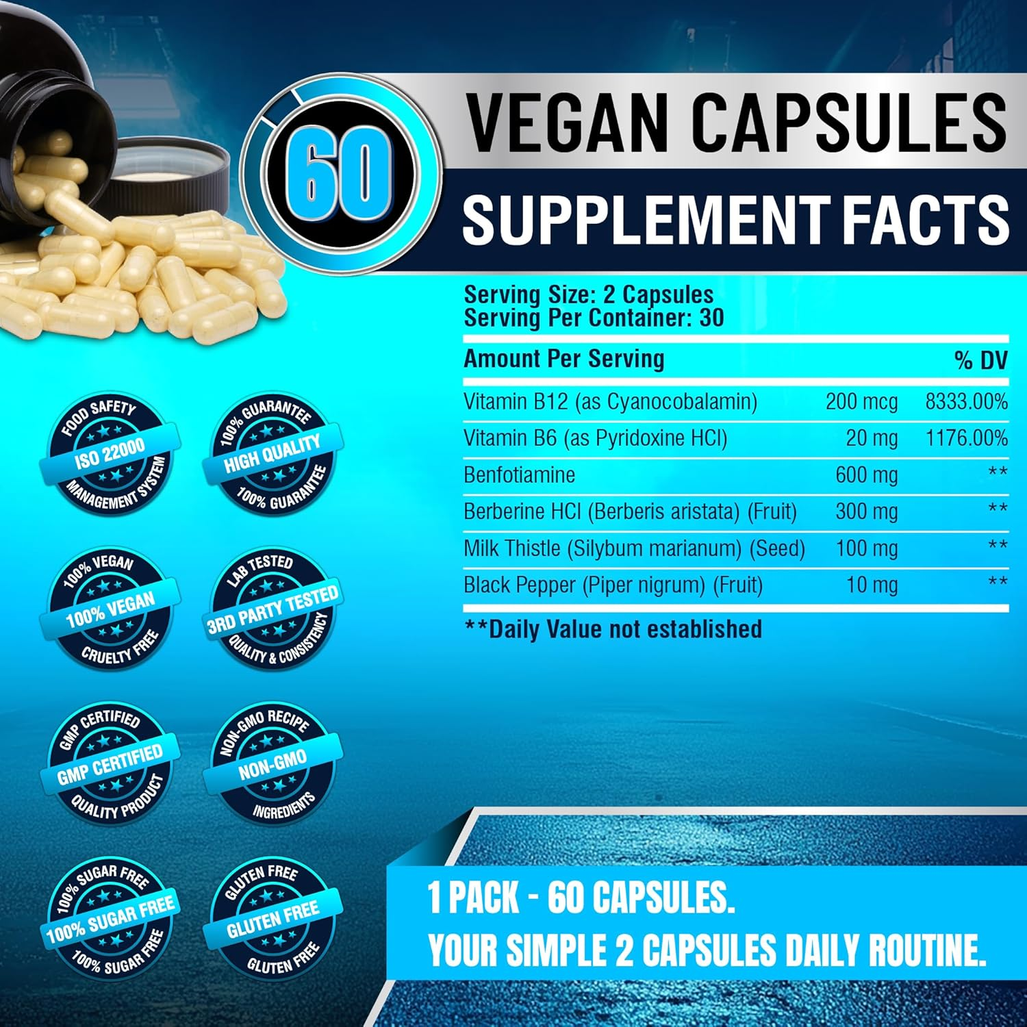 Papnami 6In1 Benfotiamine Supplement - Blended with Vitamin B12, Vitamin B6, Berberine Hcl, Milk Thistle & Black Pepper | 60 Count image number 2