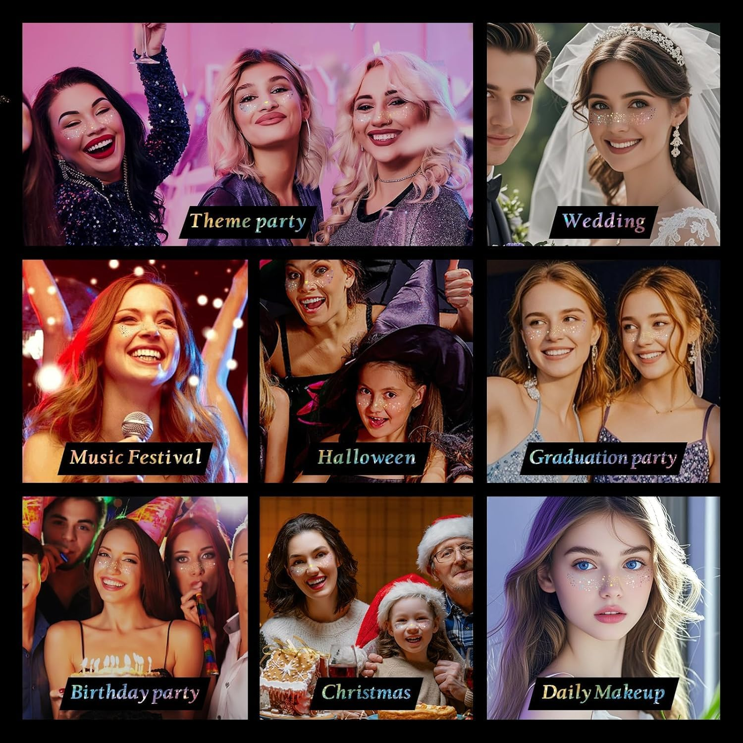 Glitter Freckles Face Tattoo, 16 Pcs Multichrome Holographic Sparkle Face Glitter Freckles Speckles Stickers, Waterproof Metallic Cute Star Temporary Tattoo Stickers Makeup Patches Festival Rave Accessories image number 2