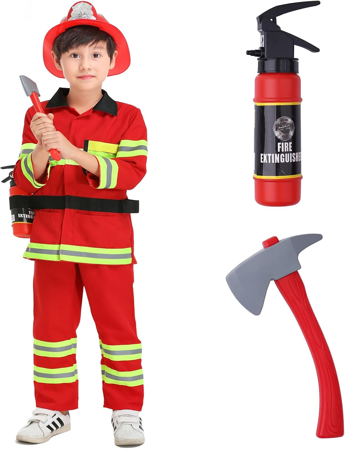 Tan Fireman Costume for Kids, Boys' and Girls' Firefighter Dress up (7 Pcs)