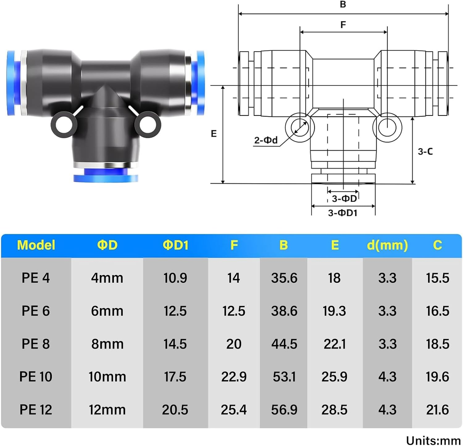 Tailonz Pneumatic Blue Tee 3 Ways - 12MM Tube OD Push to Connect Tube Quick Fittings Push Lock PE-12 (Pack of 2) image number 1
